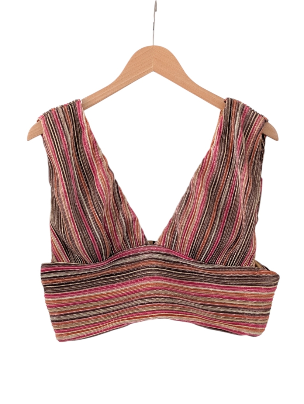 12TH TRIBE High Tide Striped Plisse Cropped Bra Top Pink Gold Metallic Size XL